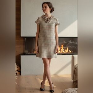 Sara Campbell SZ 12 Multi Color Short Sleeve Sheath Tweed Lined Dress Fringe